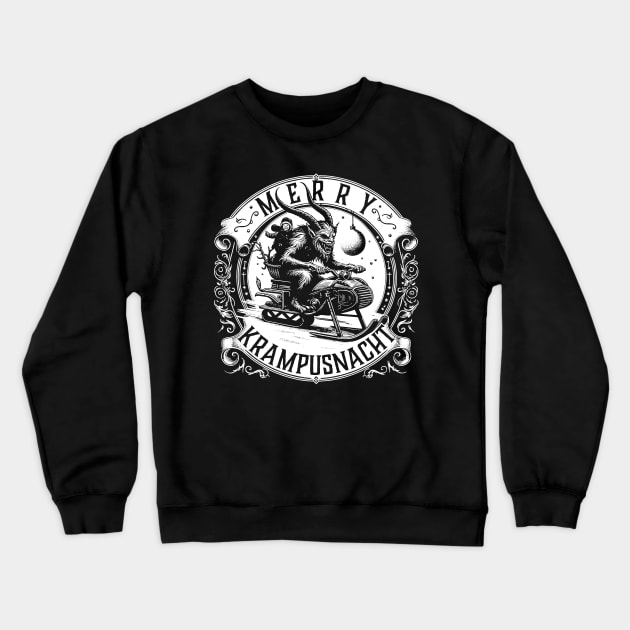 Merry Krampusnacht Krampus on a Snowmobile Crewneck Sweatshirt by Huhnerdieb Apparel